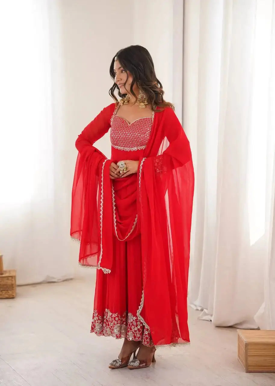 Red Anarkali Suit with Sweetheart Neck and Dupatta Over Shoulder | Kalyanja