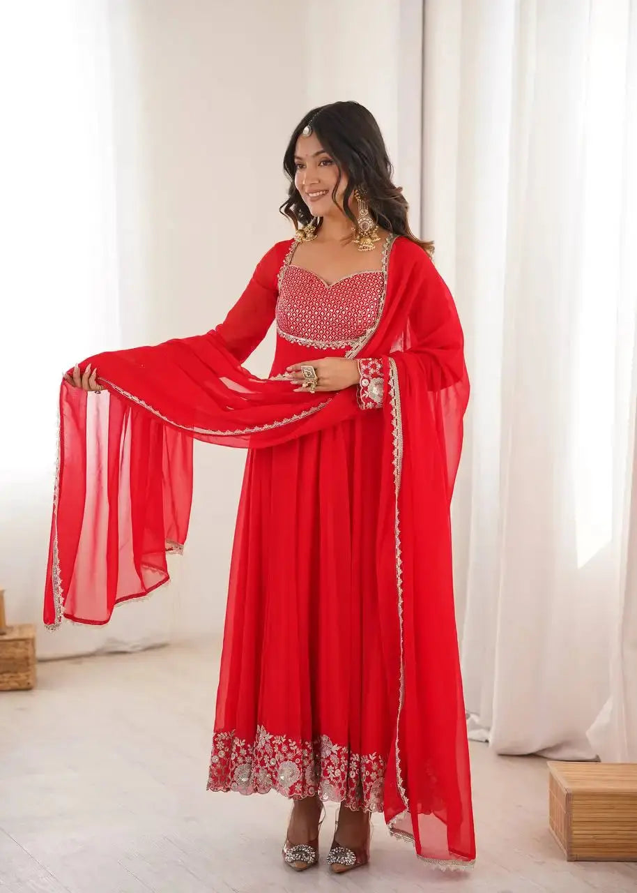 Red Sequins Embroidered Anarkali Suit with Pant and Dupatta – KU245 | Kalyanja