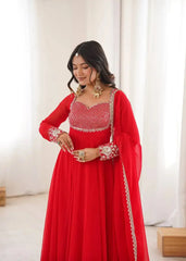 Red Sequins Embroidered Suit – Front View | KU245 | Kalyanja