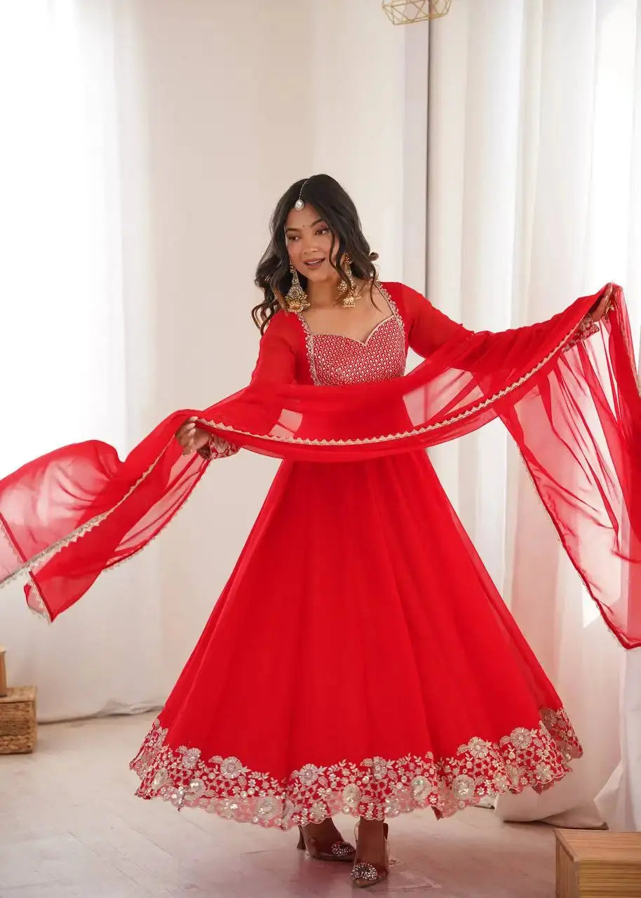 Red Sequins Embroidered Anarkali Suit – Twirl Shot with Dupatta | Kalyanja