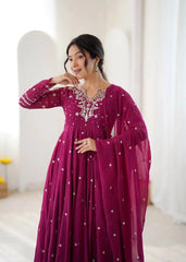 Magenta Embroidered Anarkali Suit – back view showing U-back with dori tie-up