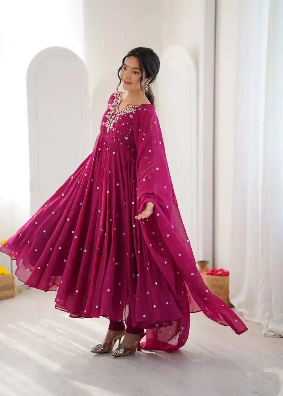 Magenta Anarkali Suit – scattered sequin booties on body and U-back tie-up detail