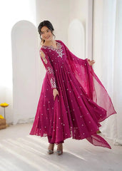 Magenta Anarkali Suit – close-up of zari, sequins and mirror work on embroidered yoke