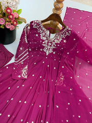Magenta Embroidered Anarkali Suit flat lay – suit, straight pant and sequins embroidered dupatta