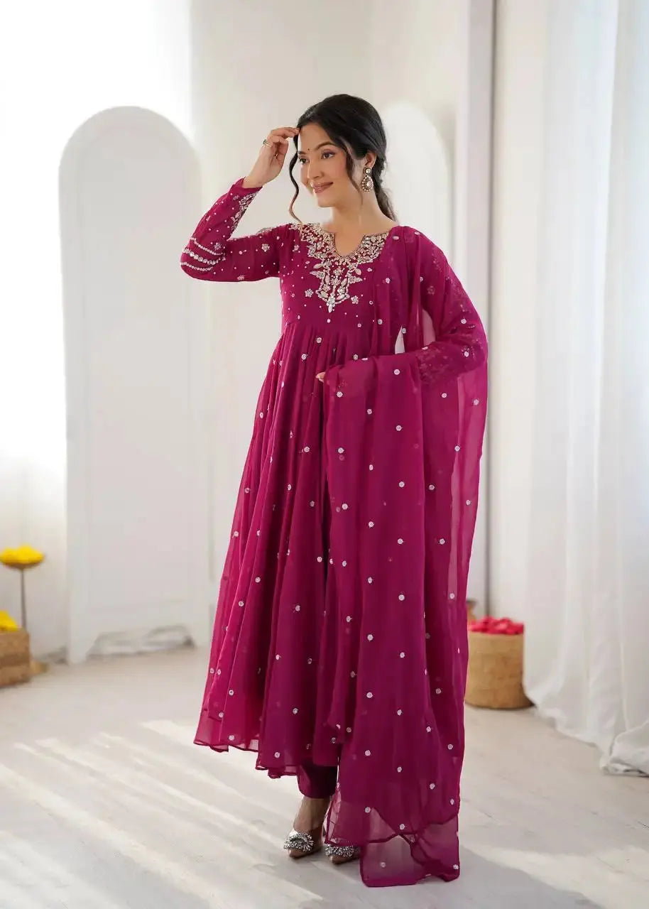 Magenta Anarkali Suit – second front view showing full-length flair and straight pant