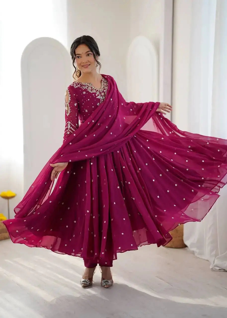 Magenta Embroidered Anarkali Suit – front view, fancy neckline and full 48-inch flair