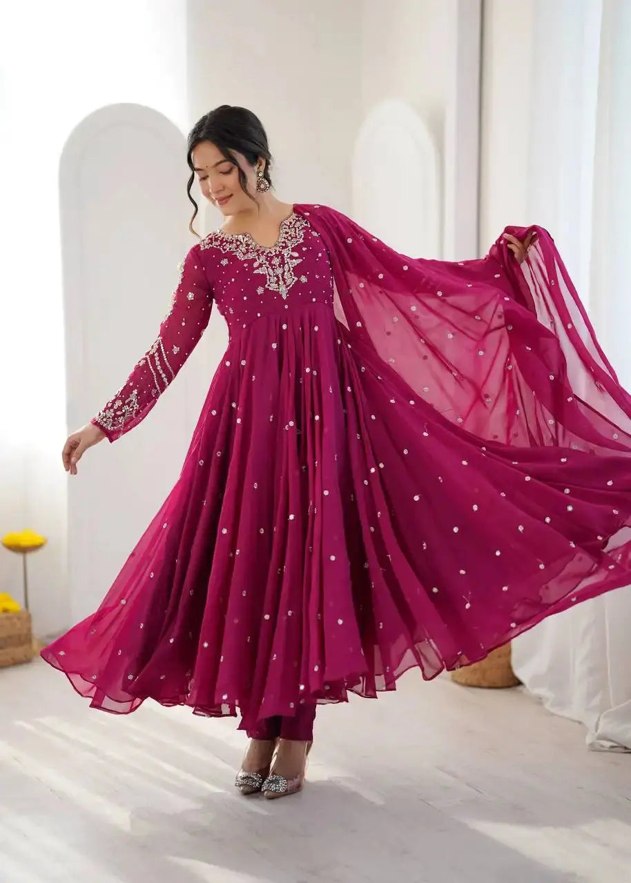 Magenta Anarkali Suit – second full-length pose showing complete 3-piece set
