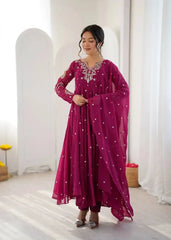 Magenta Embroidered Suit – full-length angled view with dupatta and pant