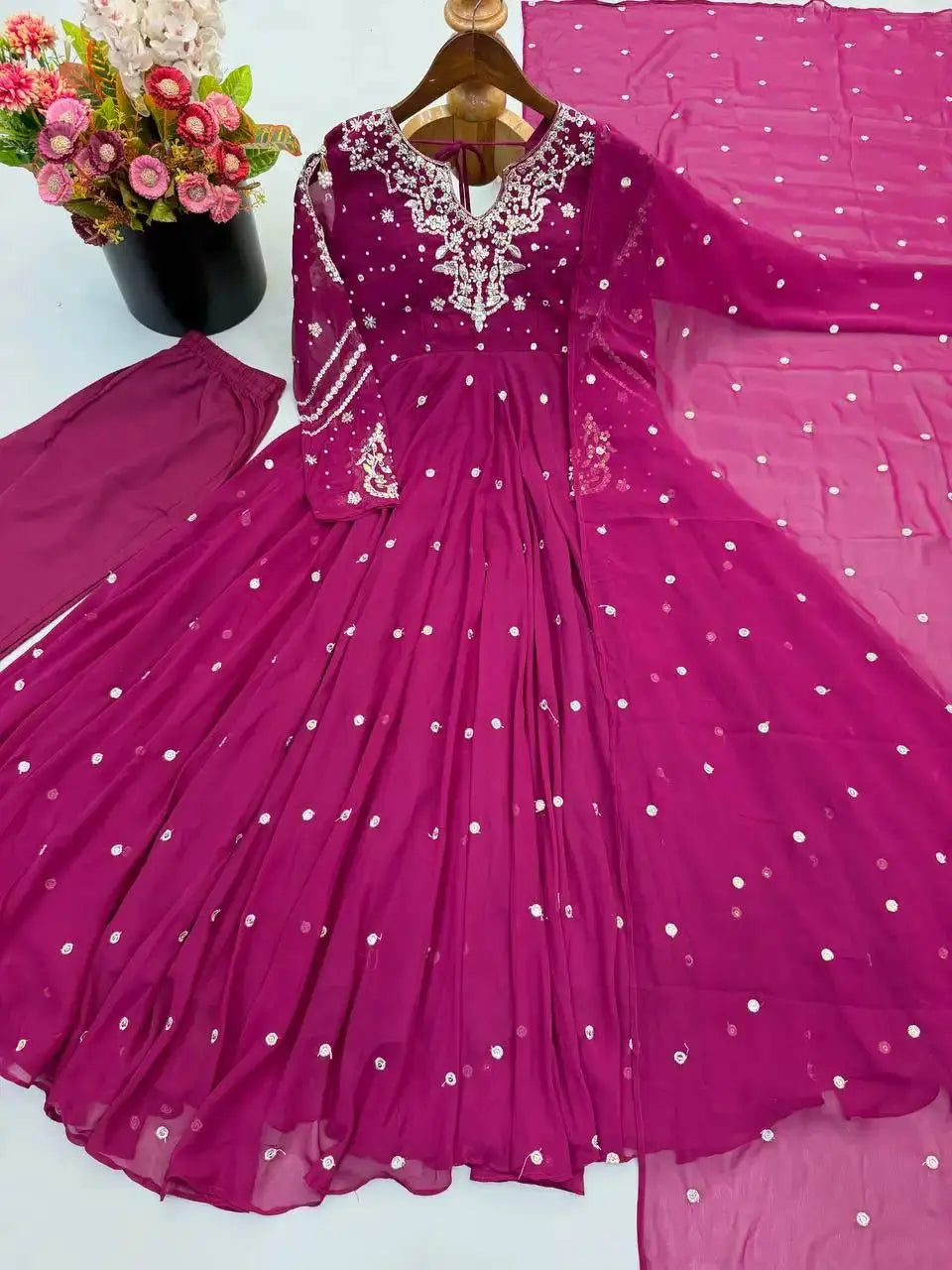 Magenta Anarkali Suit – full-length pose showing sequin booties across flair
