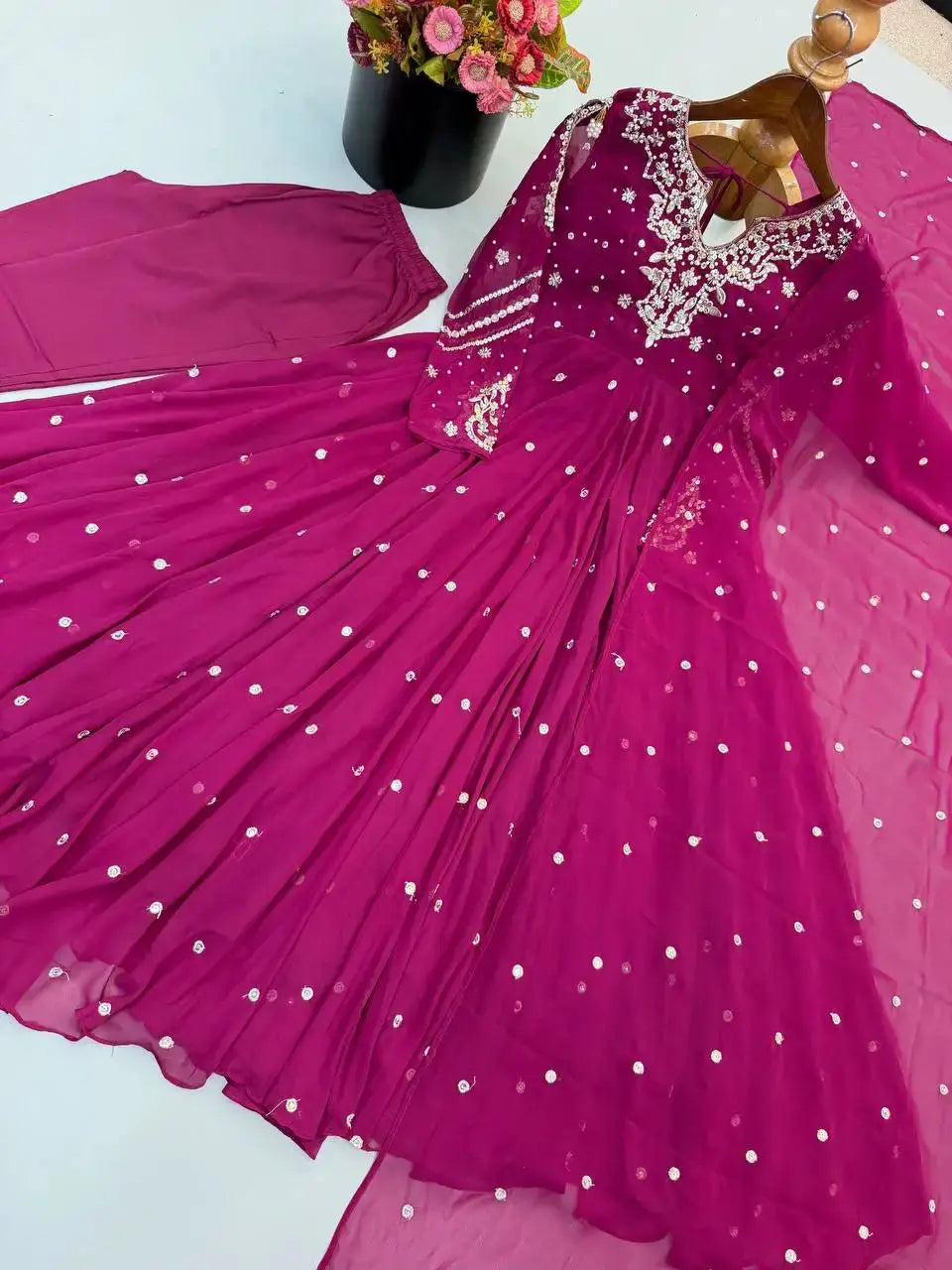 Magenta Embroidered Suit – standing full-length view of complete festive set