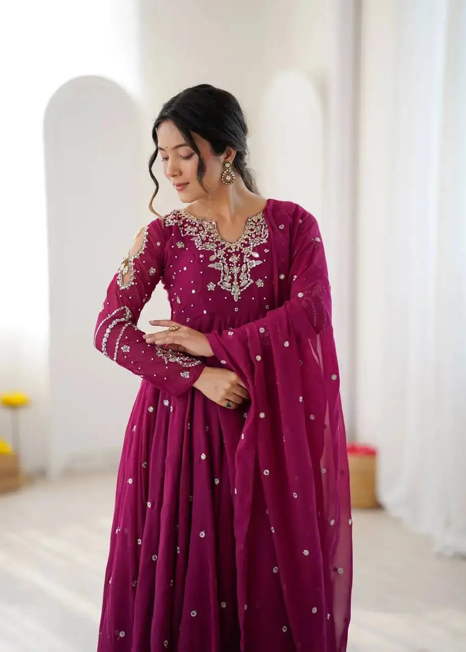 Magenta Anarkali Suit – full-length side-angle pose with dupatta flow