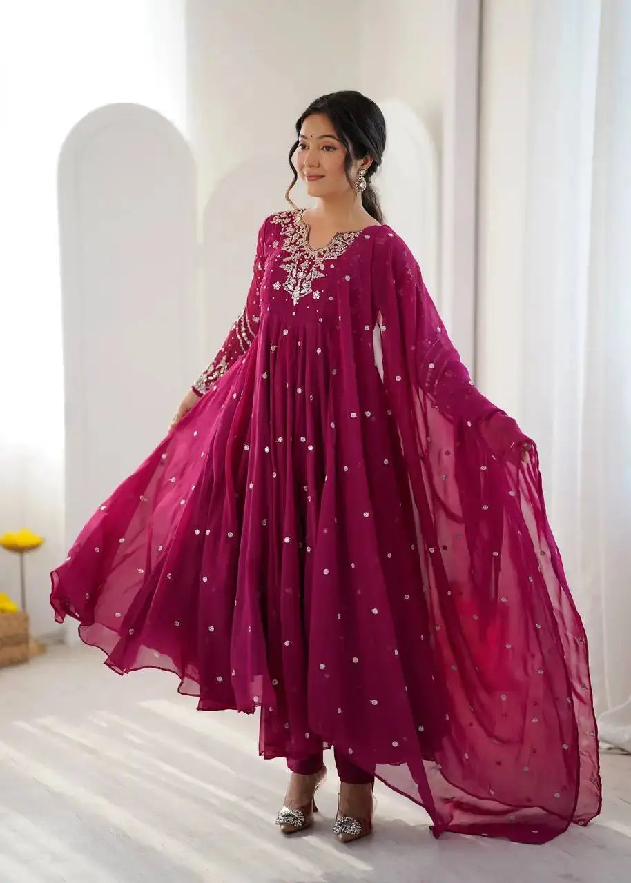 Magenta Embroidered Anarkali Suit – full-length model shot with pant and dupatta