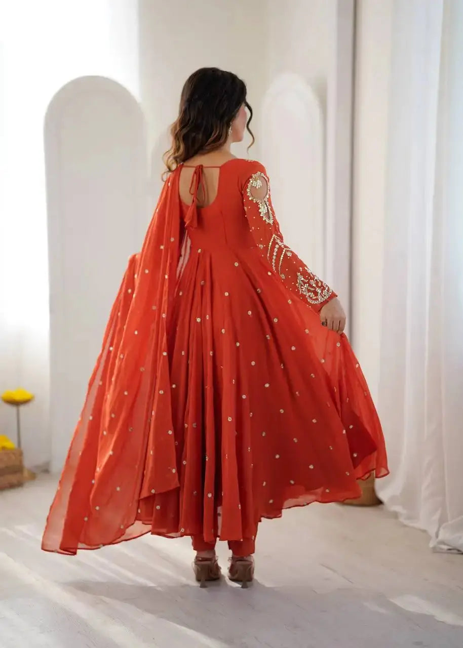 Orange Embroidered Anarkali Suit – Back View with U-Back Tie-Up | Kalyanja
