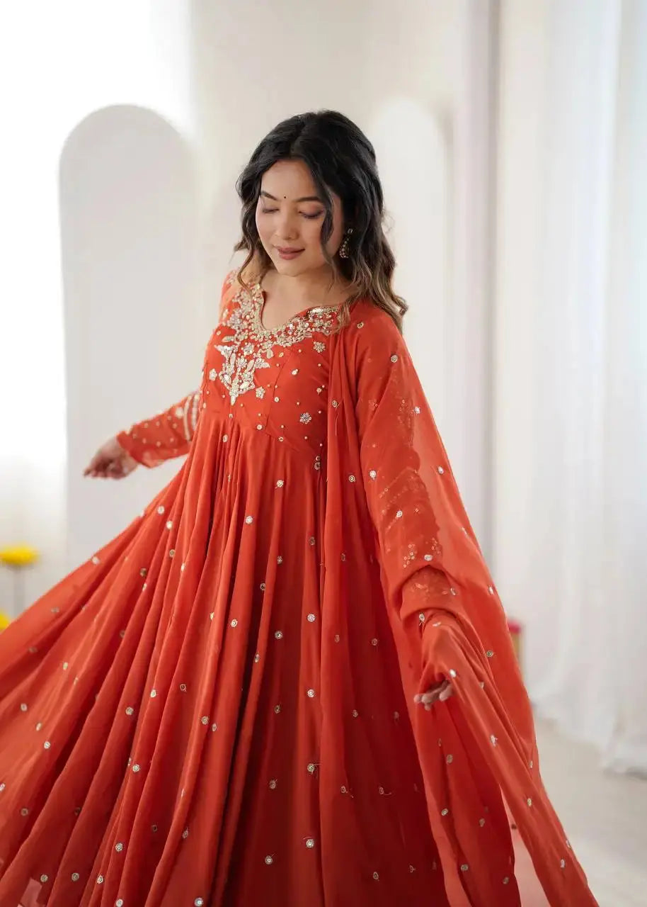 Orange Faux Georgette Anarkali Suit – Full Flare Twirl Shot | Kalyanja