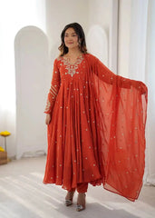 Orange Embroidered Anarkali Suit with Dupatta – Plus Size Model | Kalyanja