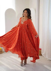 Orange Embroidered Suit – Front Model Smiling with Dupatta Spread | Kalyanja