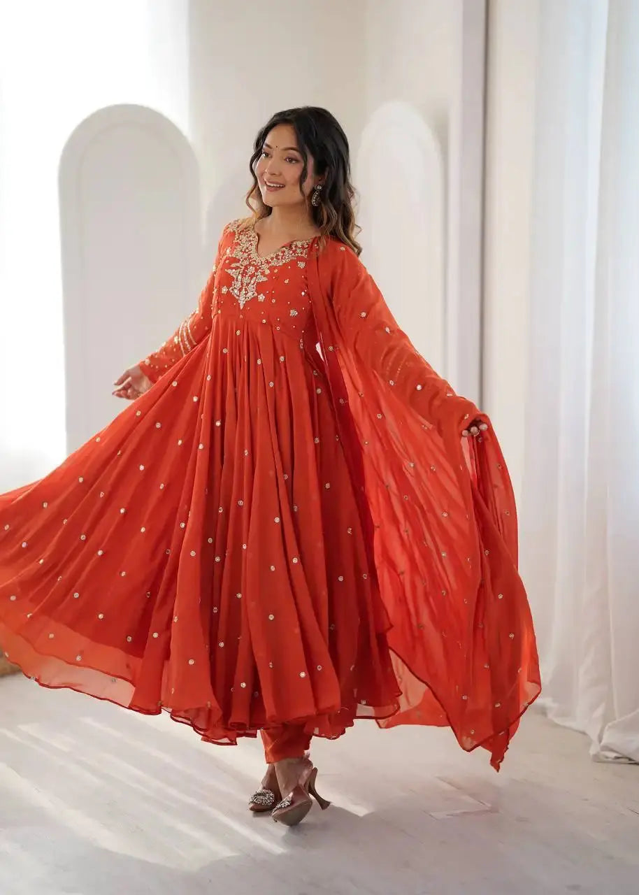 Orange Embroidered Anarkali Suit with Pant and Dupatta – KU246 | Kalyanja