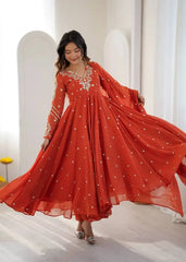 Orange Faux Georgette Anarkali Suit – Spinning Flair Shot | Kalyanja