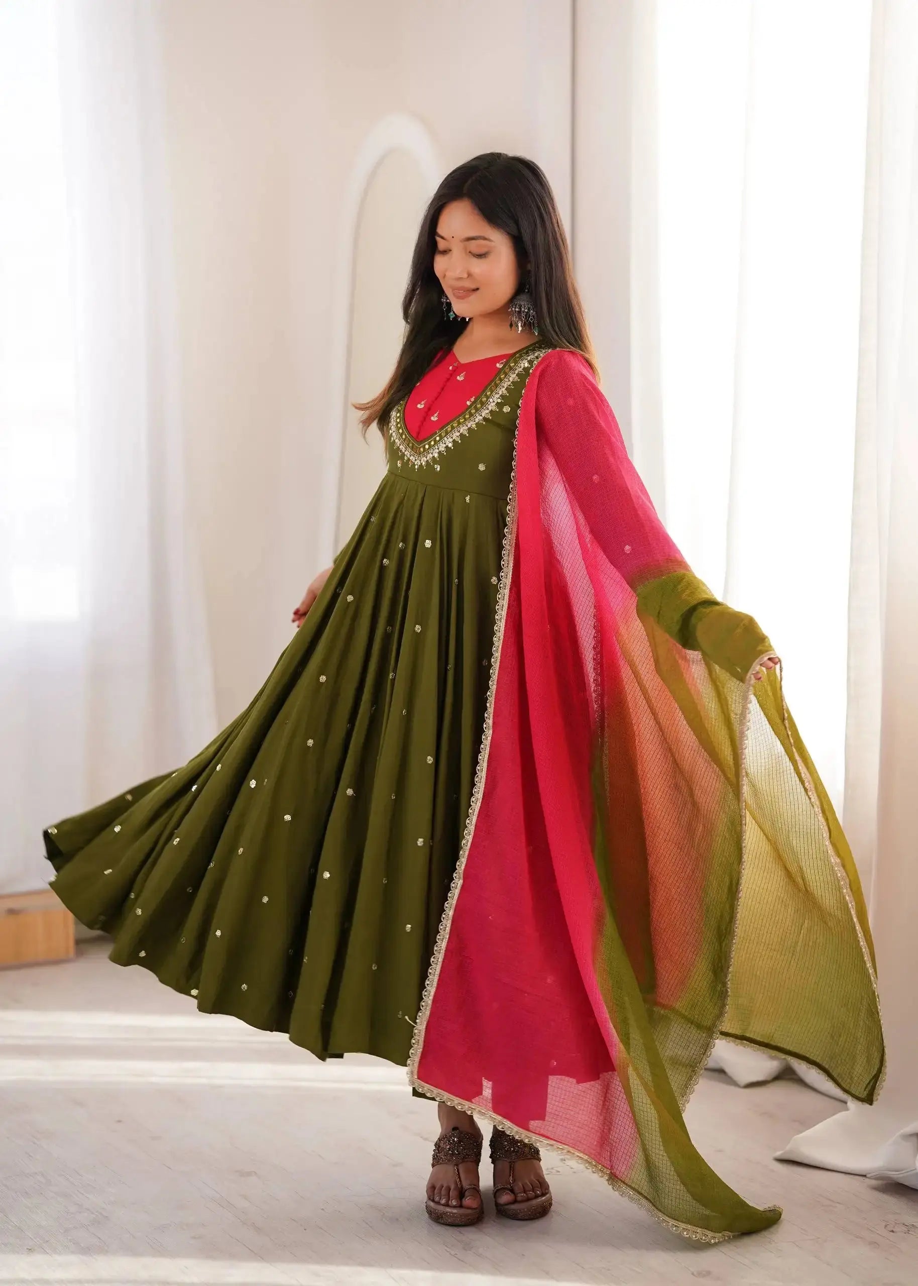 Dark Green Anarkali Suit – second back view with ombre dupatta