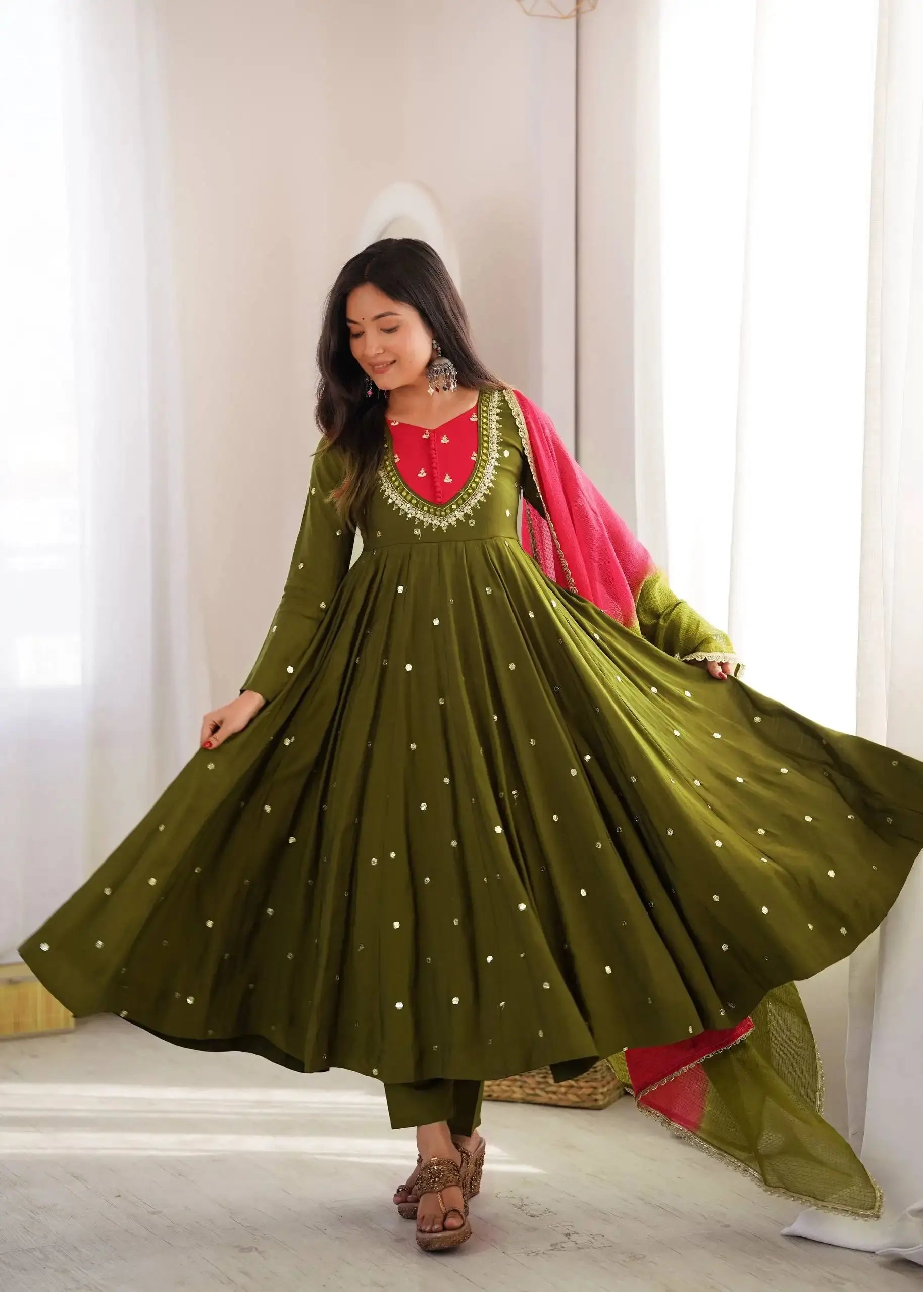 Dark Green Sequins Embroidered Anarkali Suit – back view showing open tie-up back