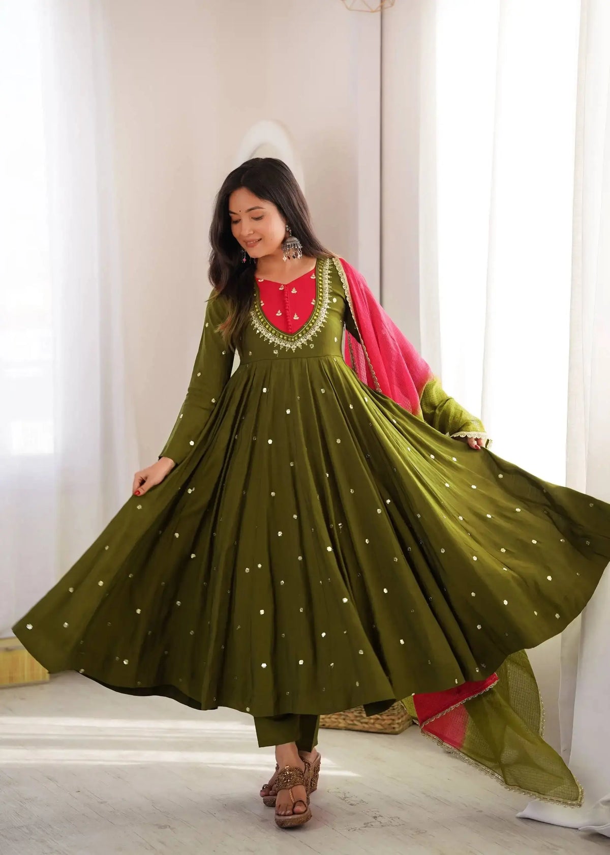 Dark Green Sequins Embroidered Anarkali Suit – back view showing open tie-up back