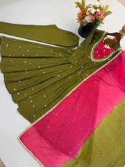Dark Green Sequins Embroidered Anarkali Suit flat lay – suit, straight pant and ombre dupatta