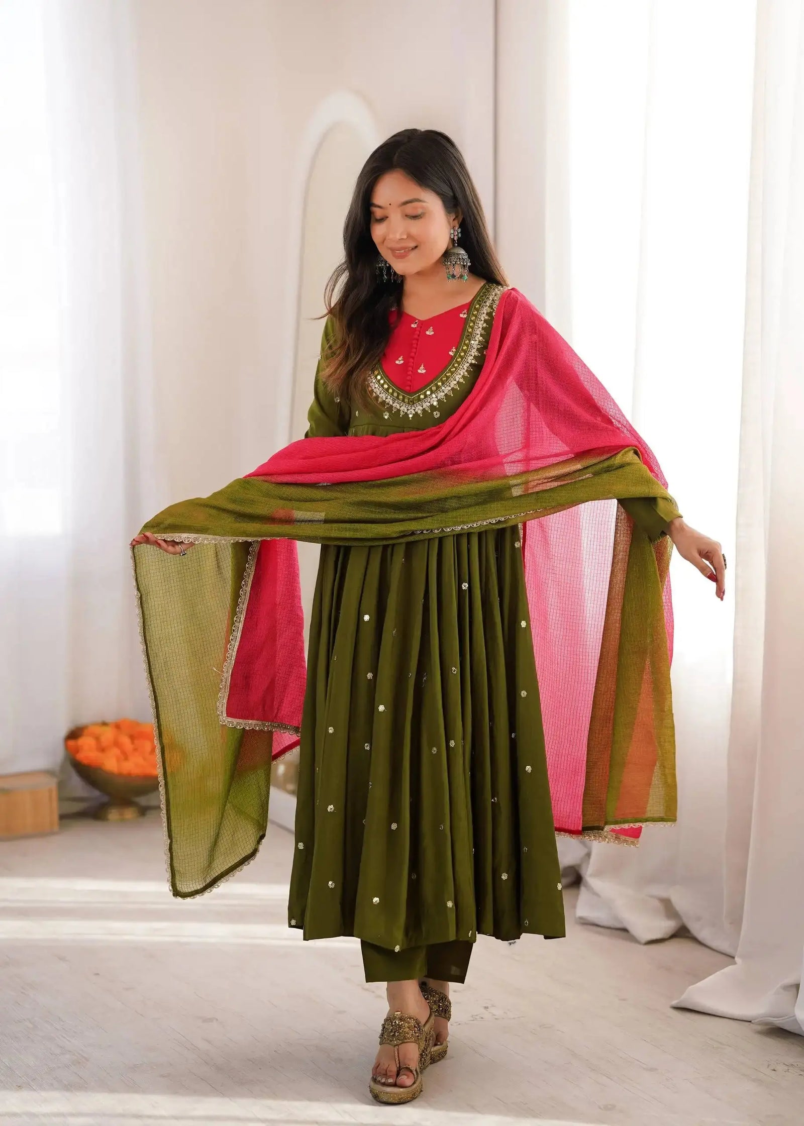 Dark Green Anarkali Suit – second front view showing 48-inch flair and straight pant