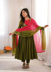 Dark Green Sequins Embroidered Anarkali Suit – front view, contrast yoke and V-neckline mirror work
