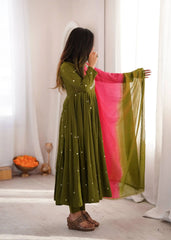 Dark Green Anarkali Suit – second full-length pose showing two-tone design and ombre dupatta