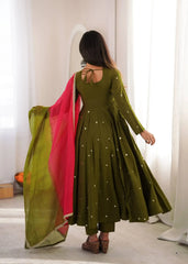 Dark Green Anarkali Suit – third full-length view highlighting flair movement