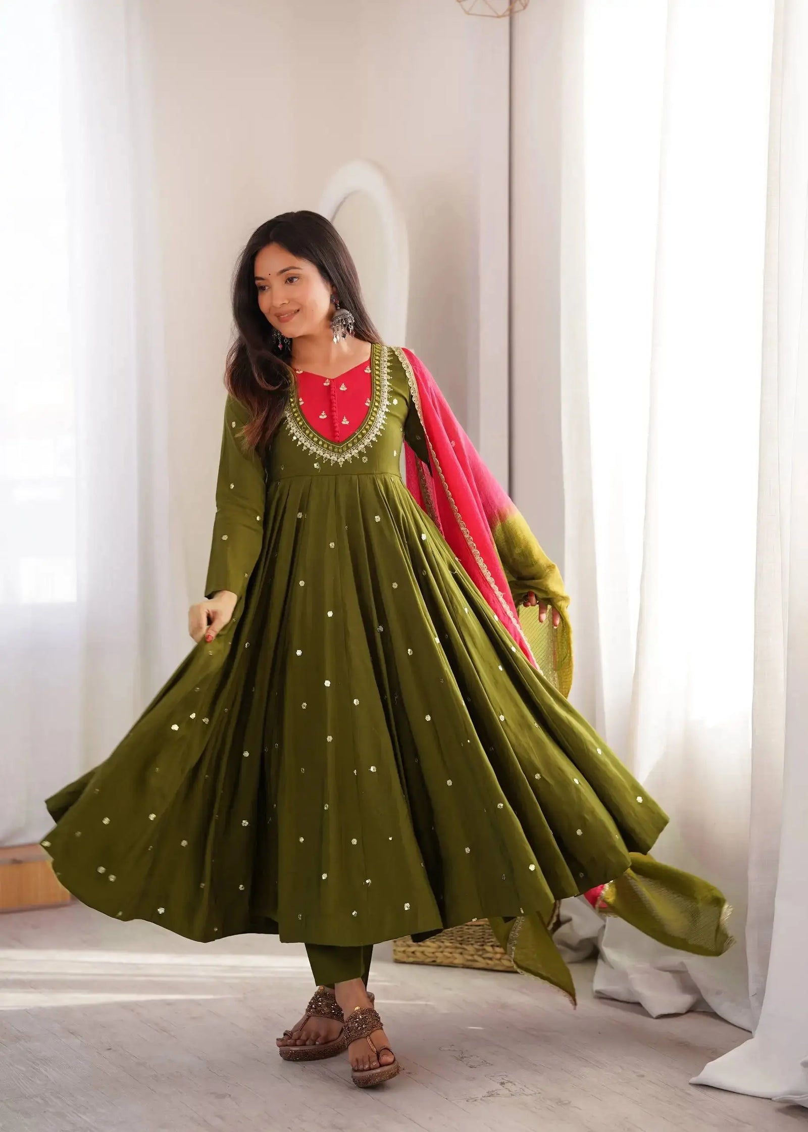 Dark Green Embroidered Anarkali Suit – full-length pose with dupatta draped over shoulder
