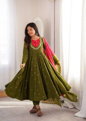 Dark Green Embroidered Anarkali Suit – full-length pose with dupatta draped over shoulder