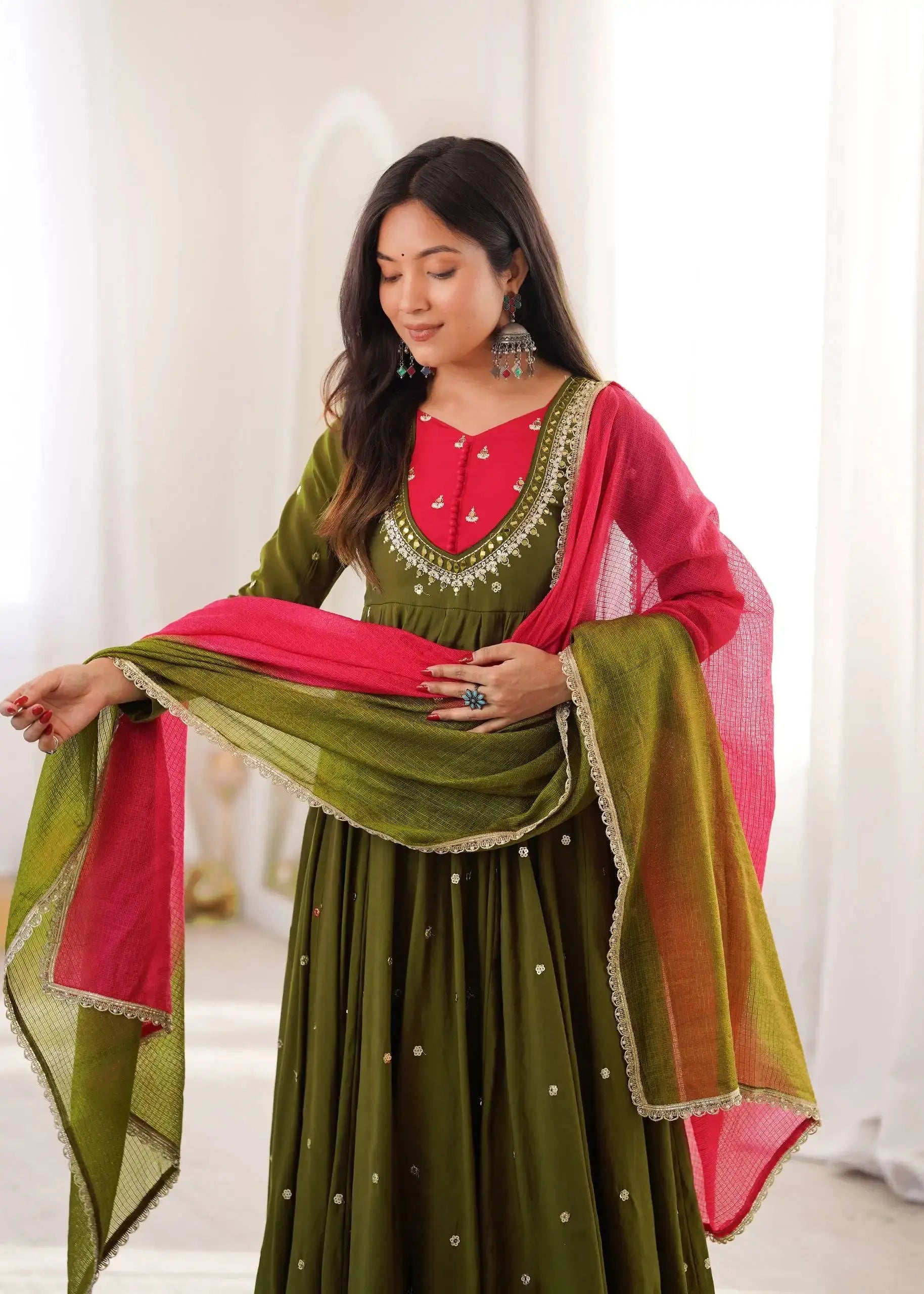 Dark Green Anarkali Suit – full-length standing pose showing straight pant and flair