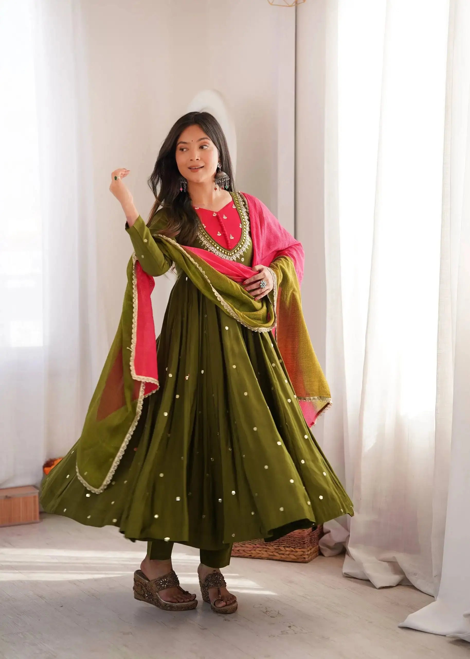 Dark Green Suit – full-length side-angle view showing ombre dupatta gradient