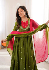 Dark Green Anarkali Suit – full-length pose with complete 3-piece set