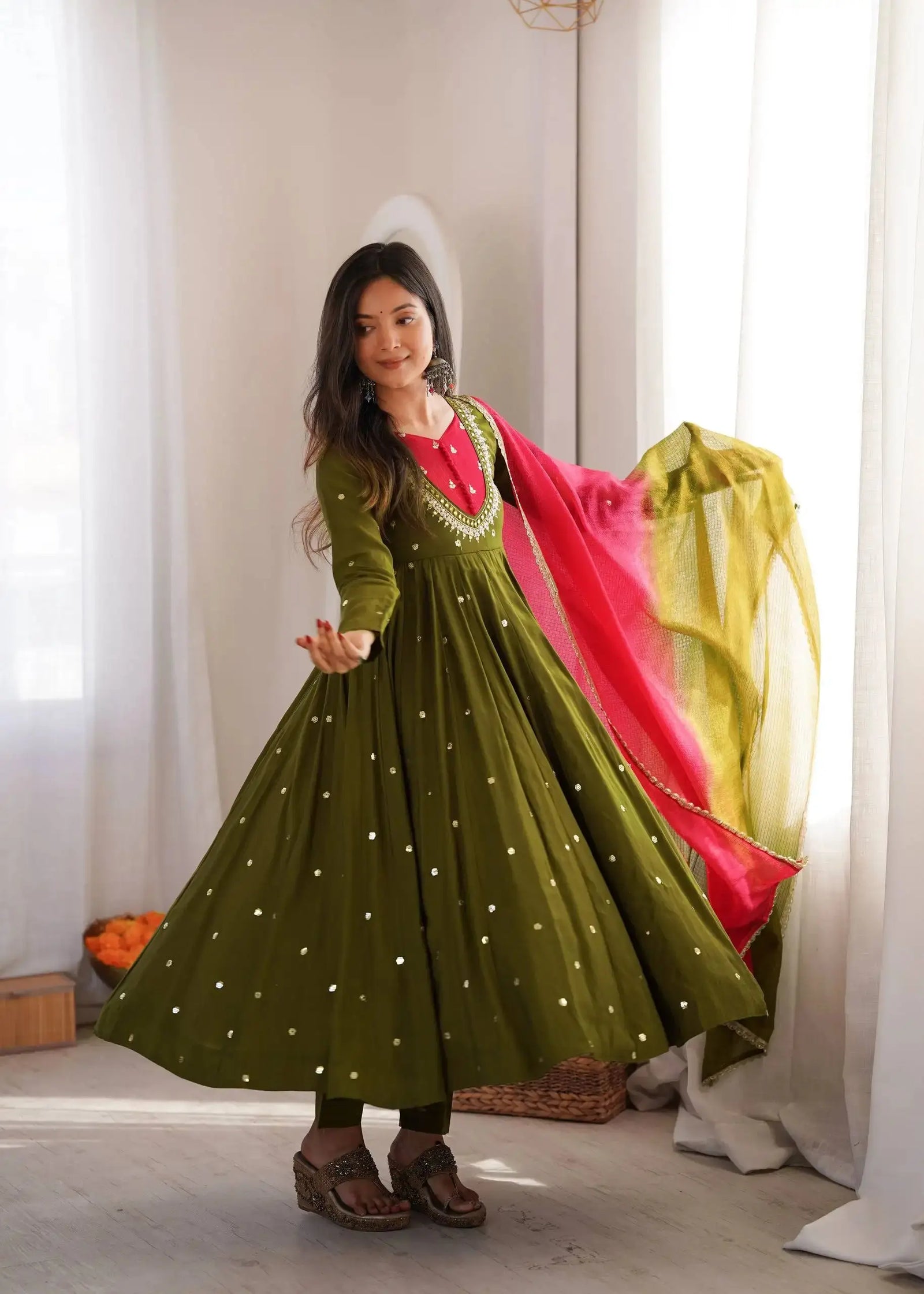 Dark Green Sequins Embroidered Anarkali Suit – full-length model shot with pant and dupatta