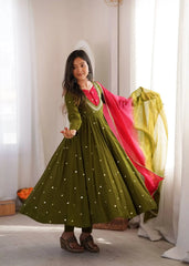Dark Green Sequins Embroidered Anarkali Suit – full-length model shot with pant and dupatta