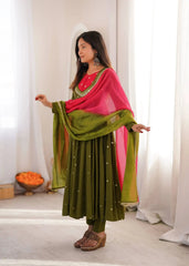 Dark Green Embroidered Suit – side view showing Anarkali silhouette and dupatta drape