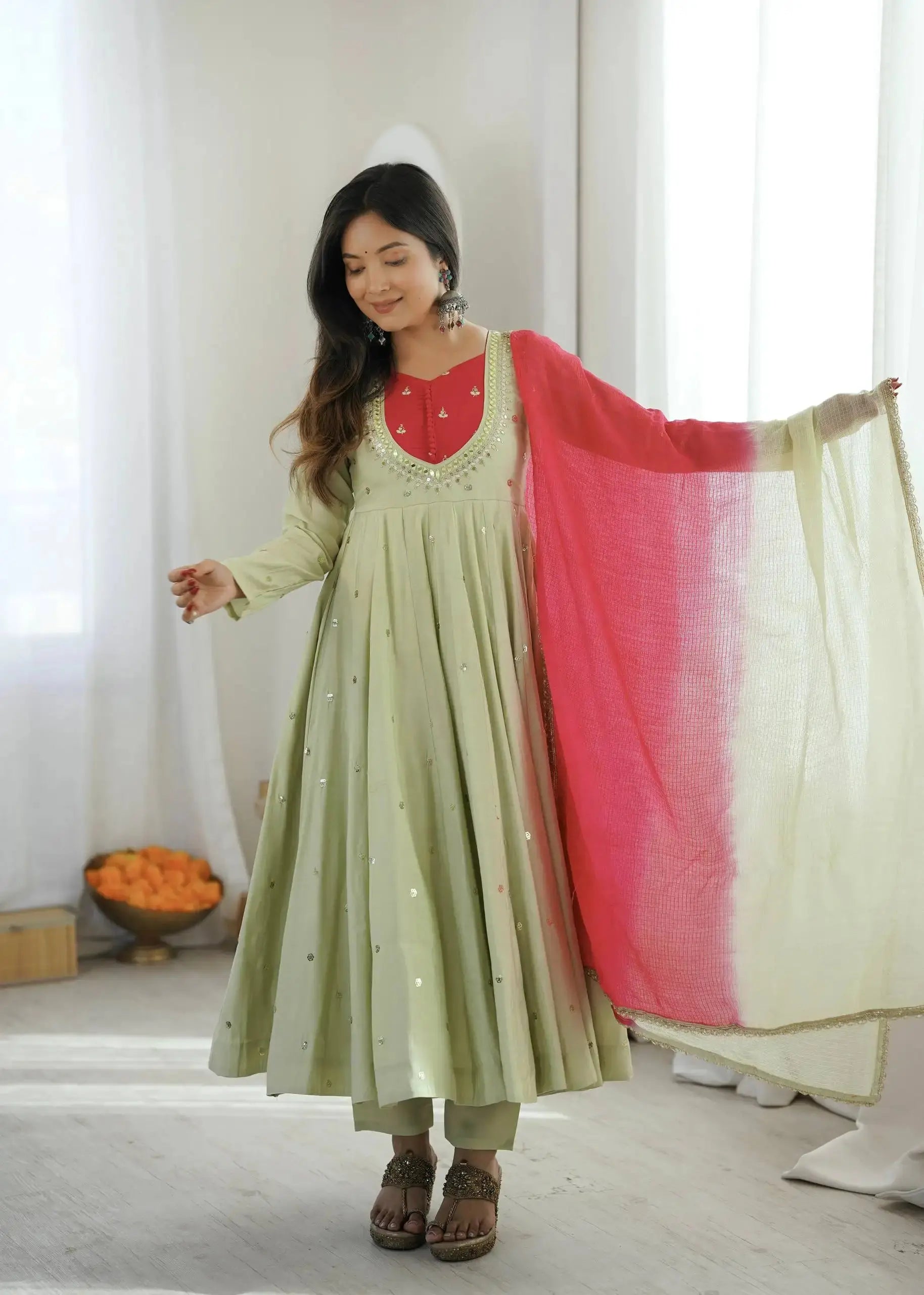 Light Pista Green Anarkali Suit – second back view with ombre dupatta