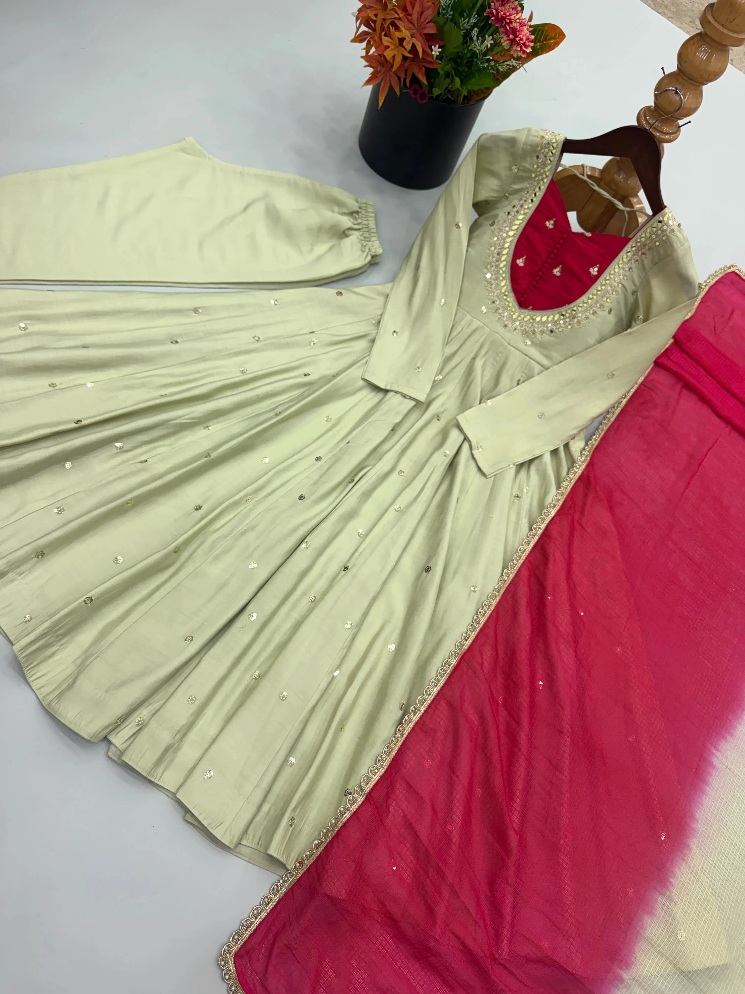 Light Pista Green Anarkali Suit – second front view showing full flair and straight pant