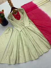 Light Pista Green Sequins Embroidered Anarkali Suit – front view, contrast yoke and V-neckline