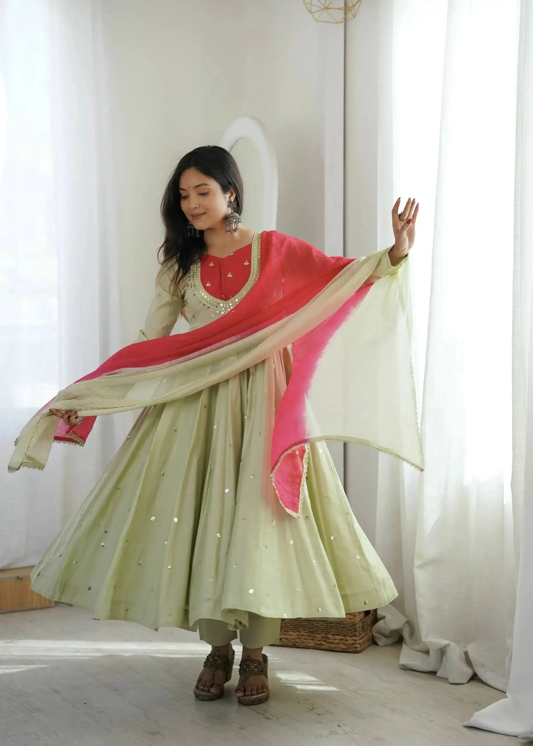 Light Pista Green Suit – full-length view showing mirror booti flair and dupatta