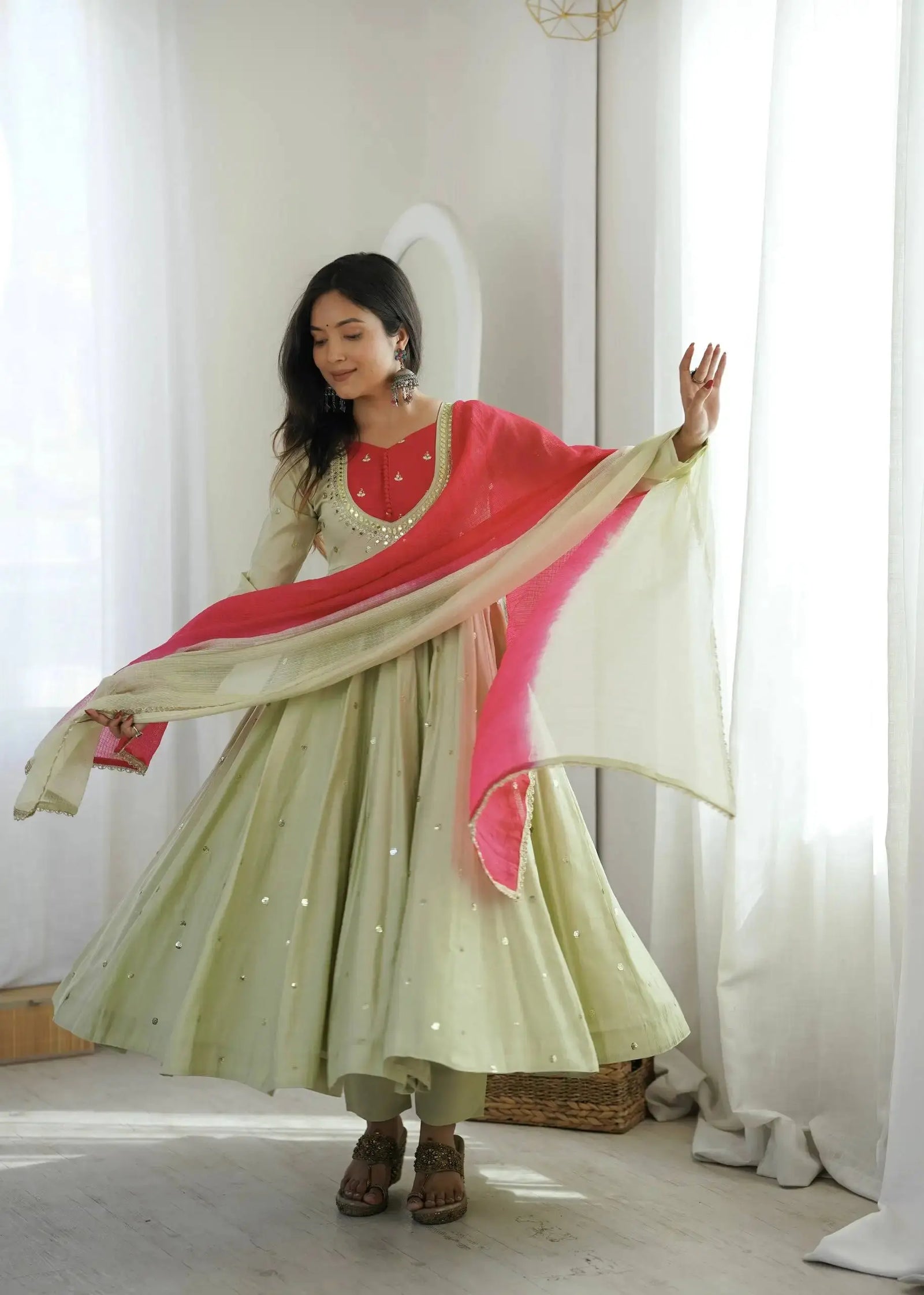 Light Pista Green Suit – full-length view showing mirror booti flair and dupatta
