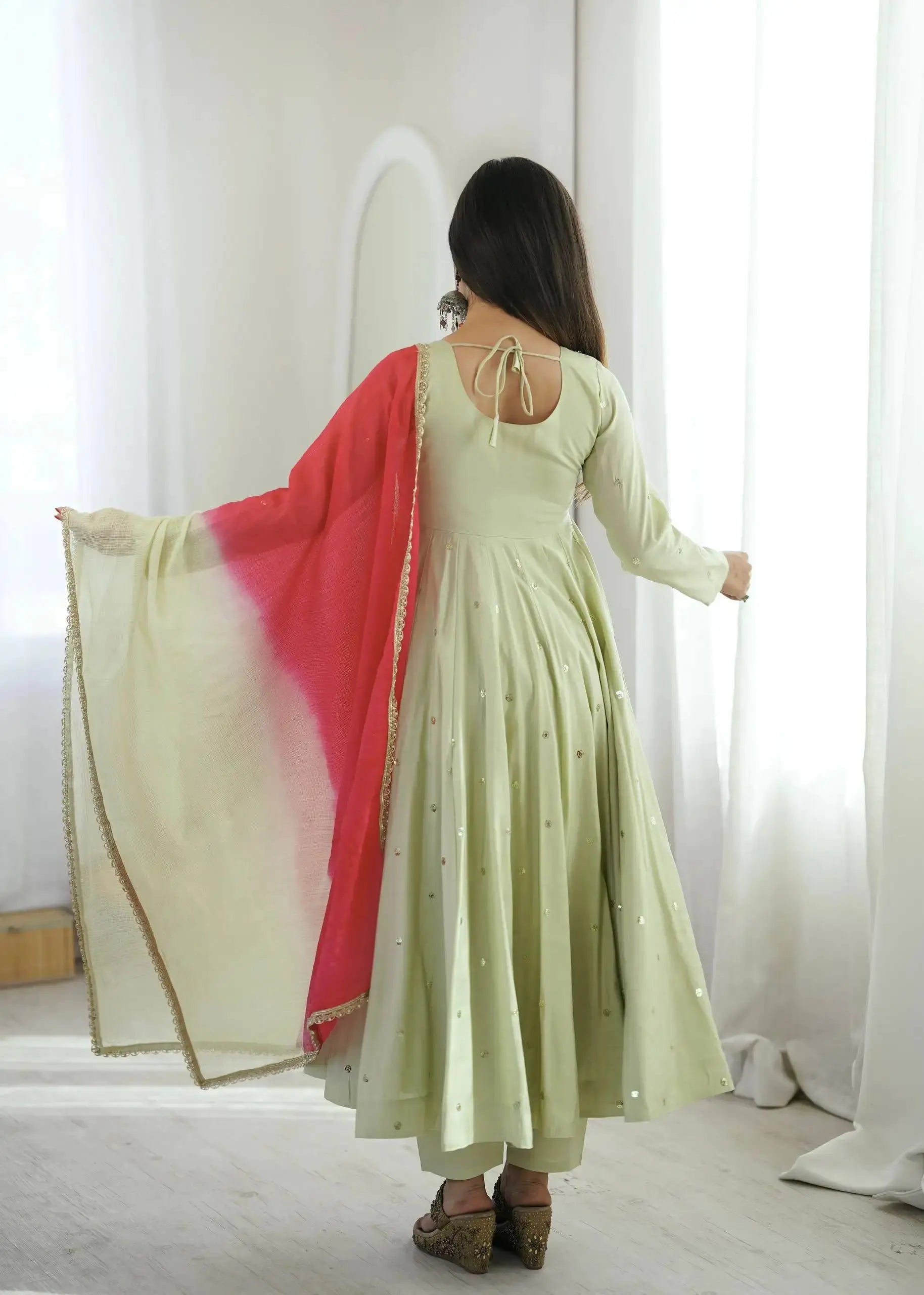 Light Pista Green Suit – third full-length view highlighting flair and ombre dupatta