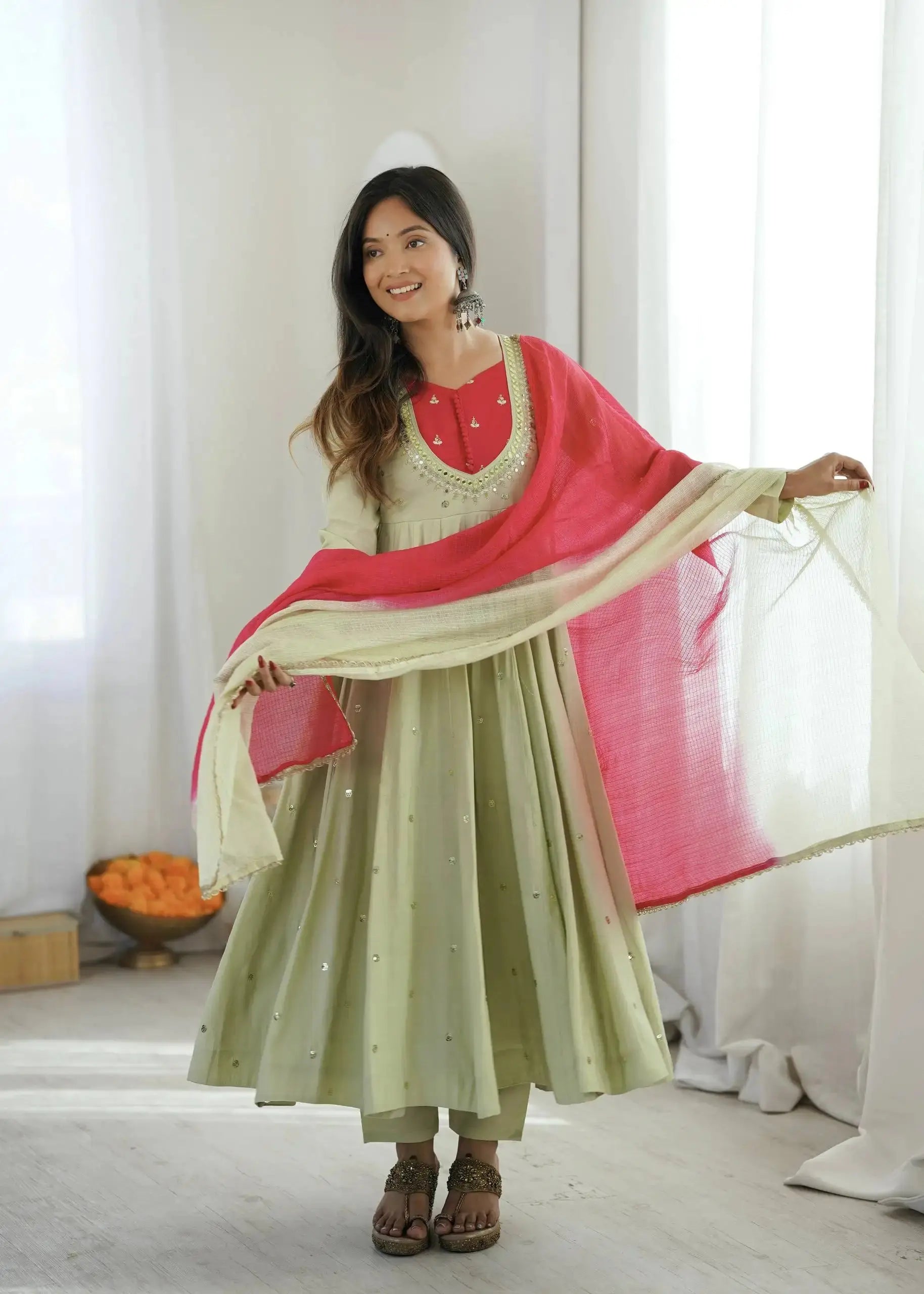 Light Pista Green Embroidered Suit – full-length pose with dupatta over shoulder