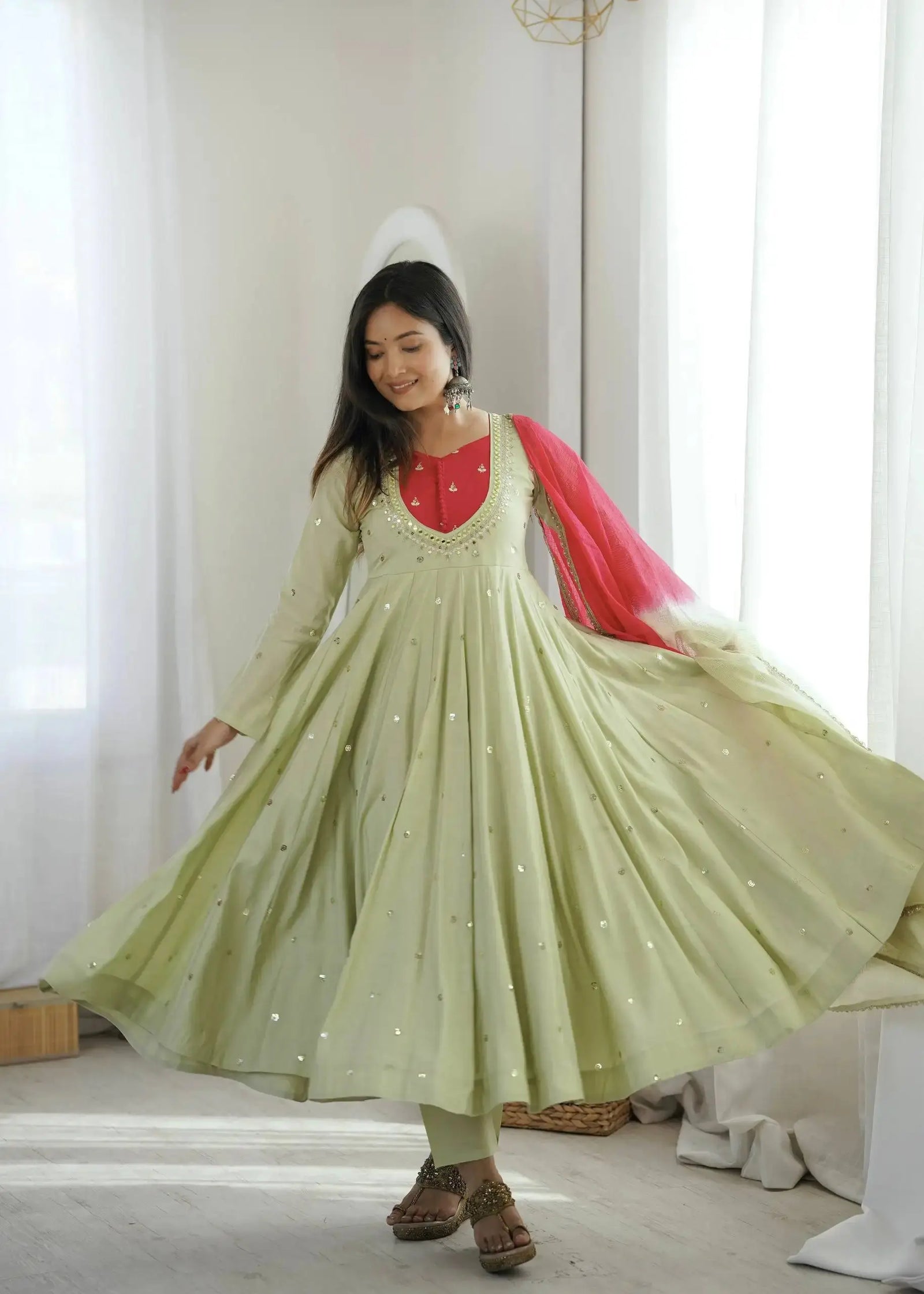 Light Pista Green Anarkali Suit – standing full-length view showing straight pant