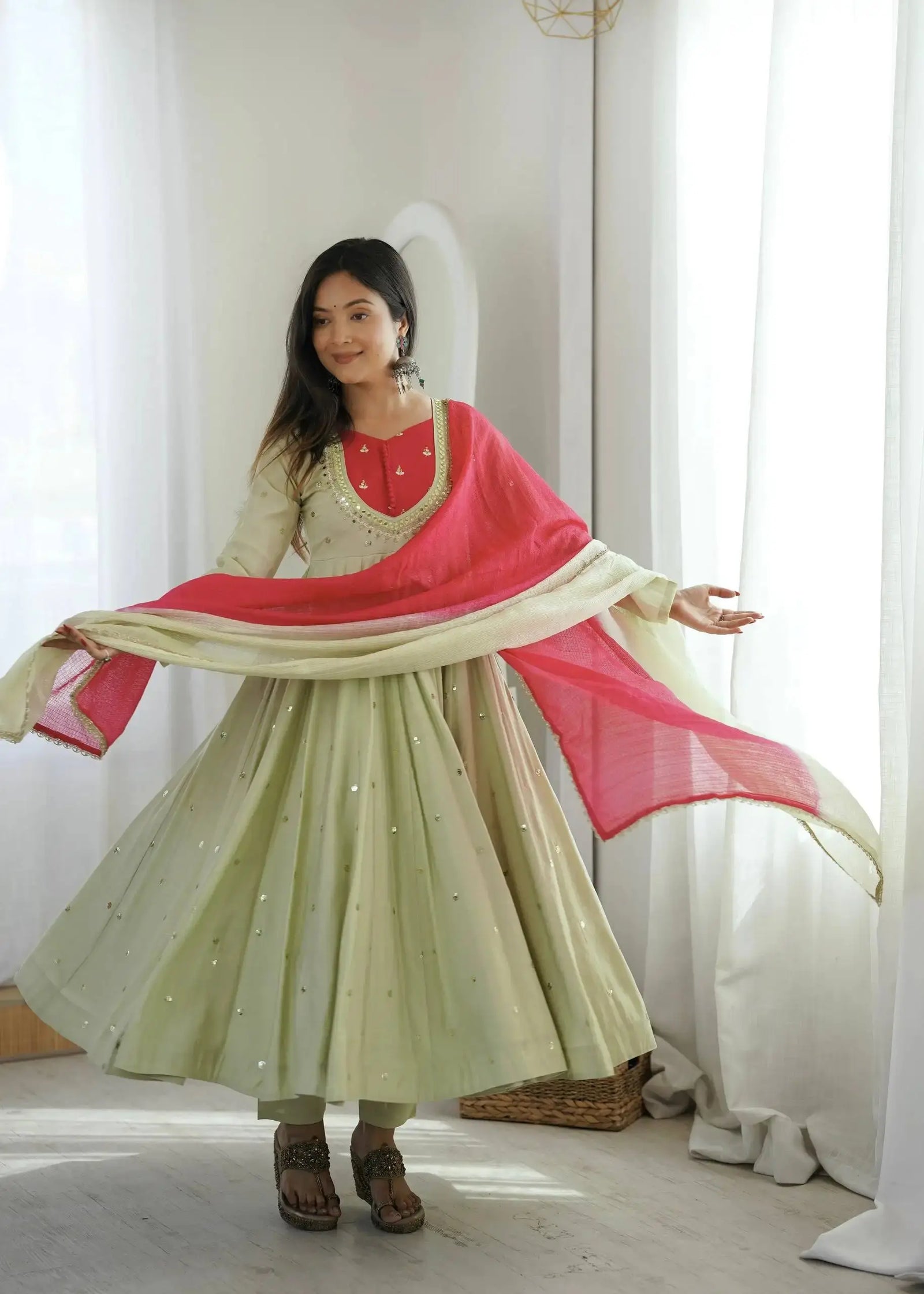 Light Pista Green Anarkali Suit – full-length pose with complete 3-piece set