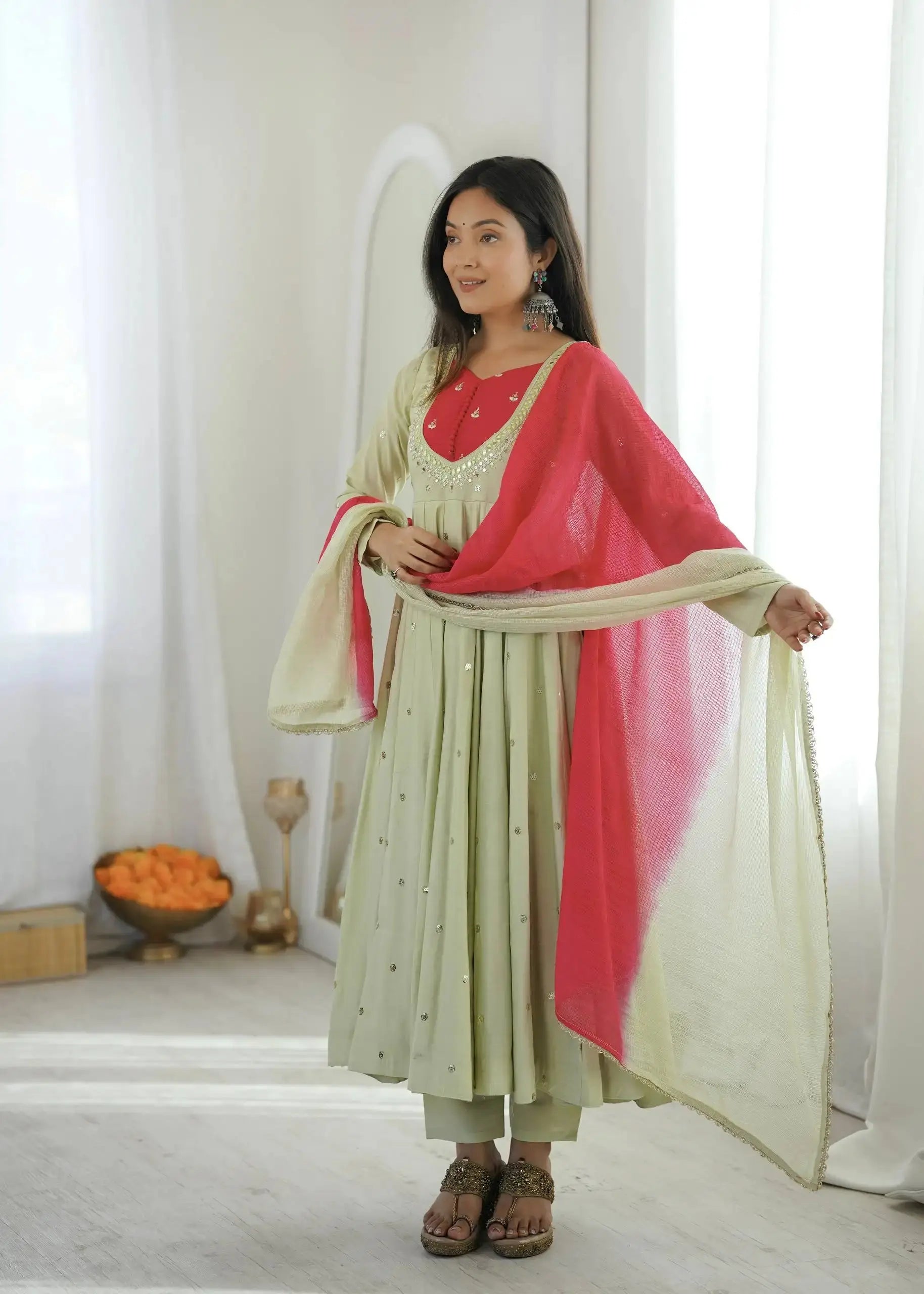Light Pista Green Sequins Embroidered Anarkali Suit – full-length model shot with pant and dupatta