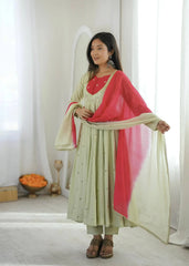 Light Pista Green Sequins Embroidered Anarkali Suit – full-length model shot with pant and dupatta