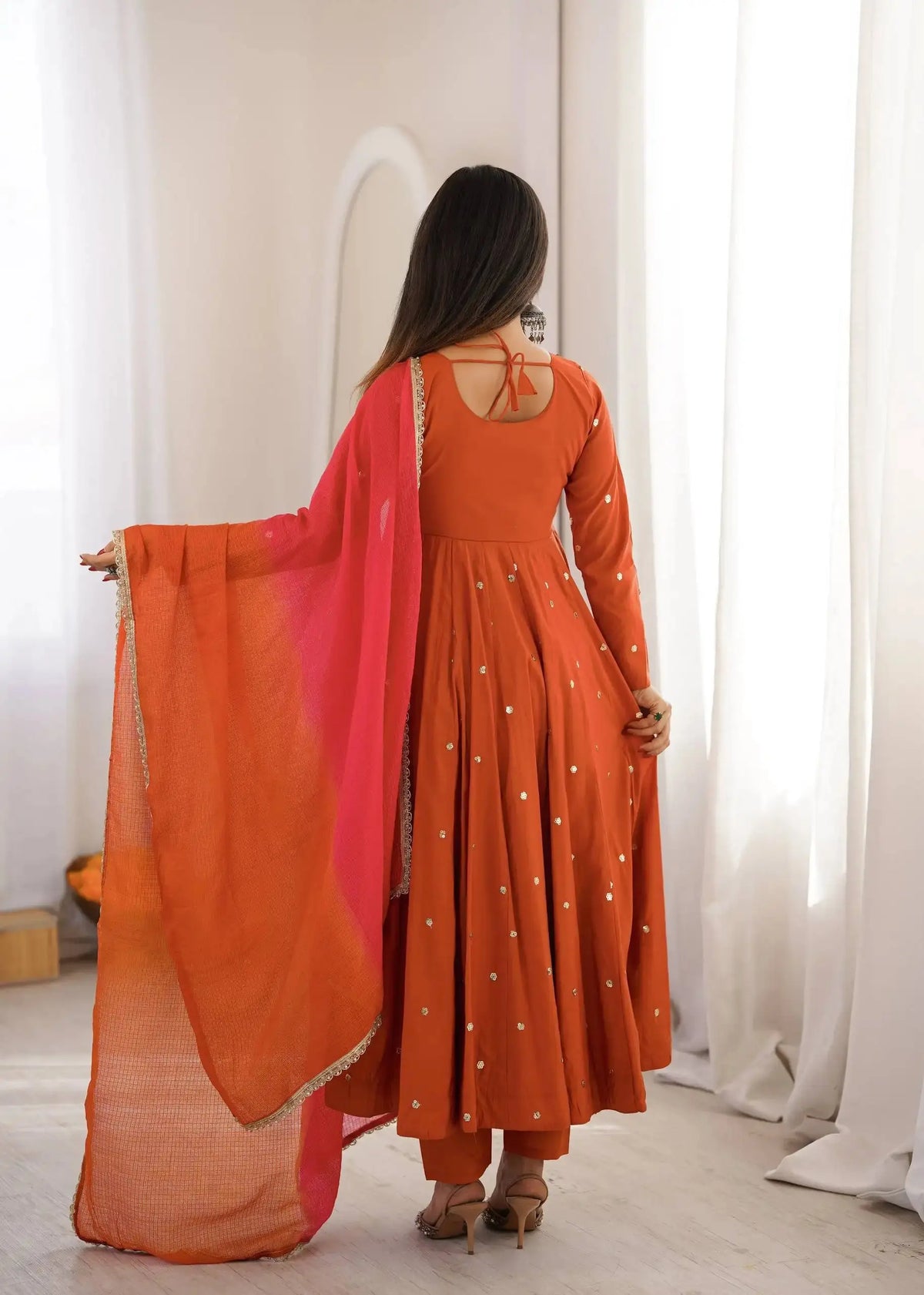 Orange Anarkali Suit Back View Showing Open Tie-Up – KU247